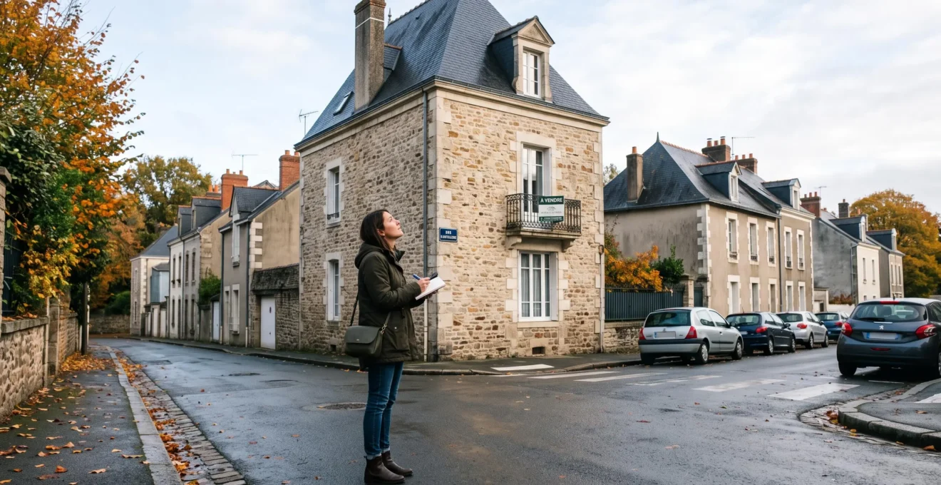 Un acheteur observe une maison en pierre dans une rue résidentielle de Nantes.