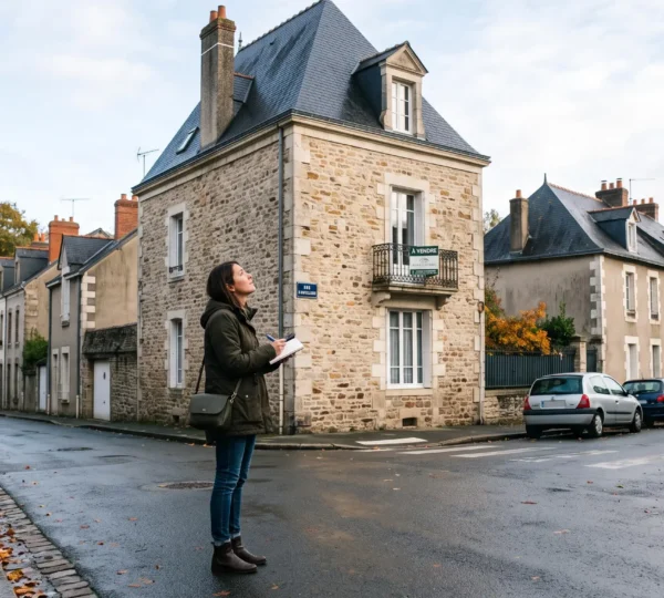 Un acheteur observe une maison en pierre dans une rue résidentielle de Nantes.
