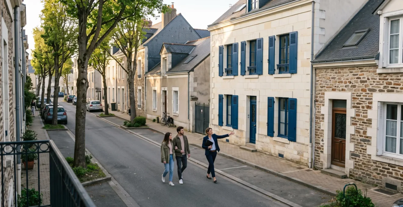 Un agent immobilier montre une maison de ville à un couple dans une rue de quartier.