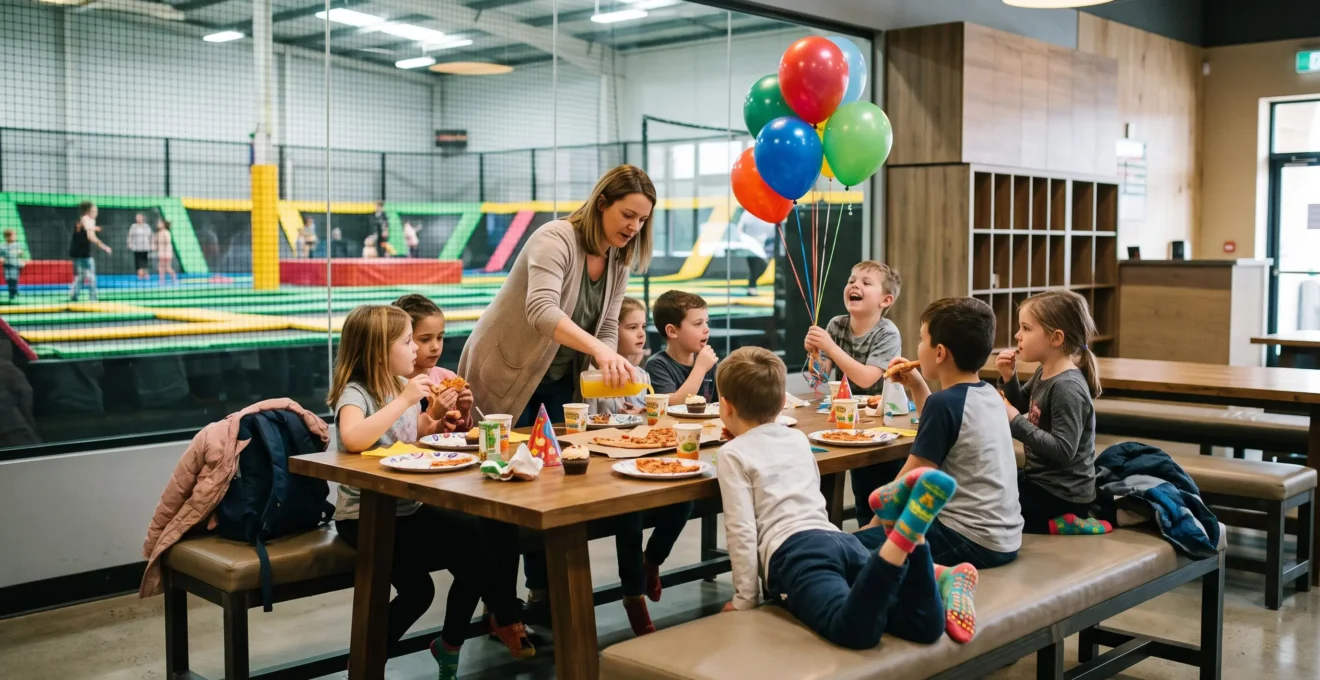 Une famille et des enfants fêtent un anniversaire autour d'une table dans l'espace détente du parc.