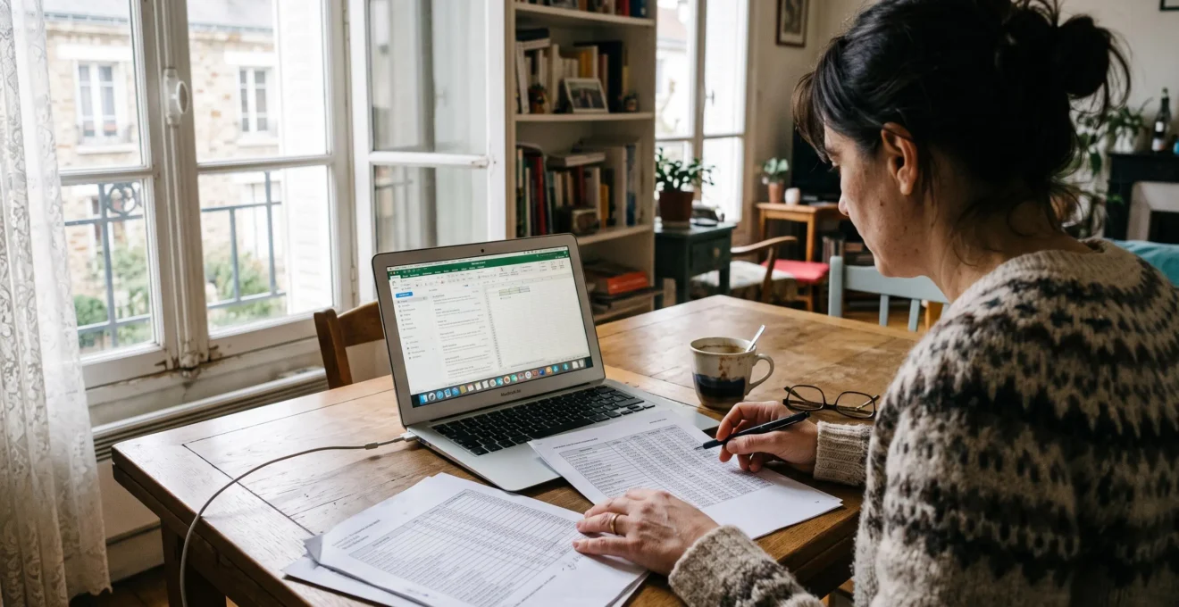 Une femme compare des documents de prix immobiliers sur la table de son logement.