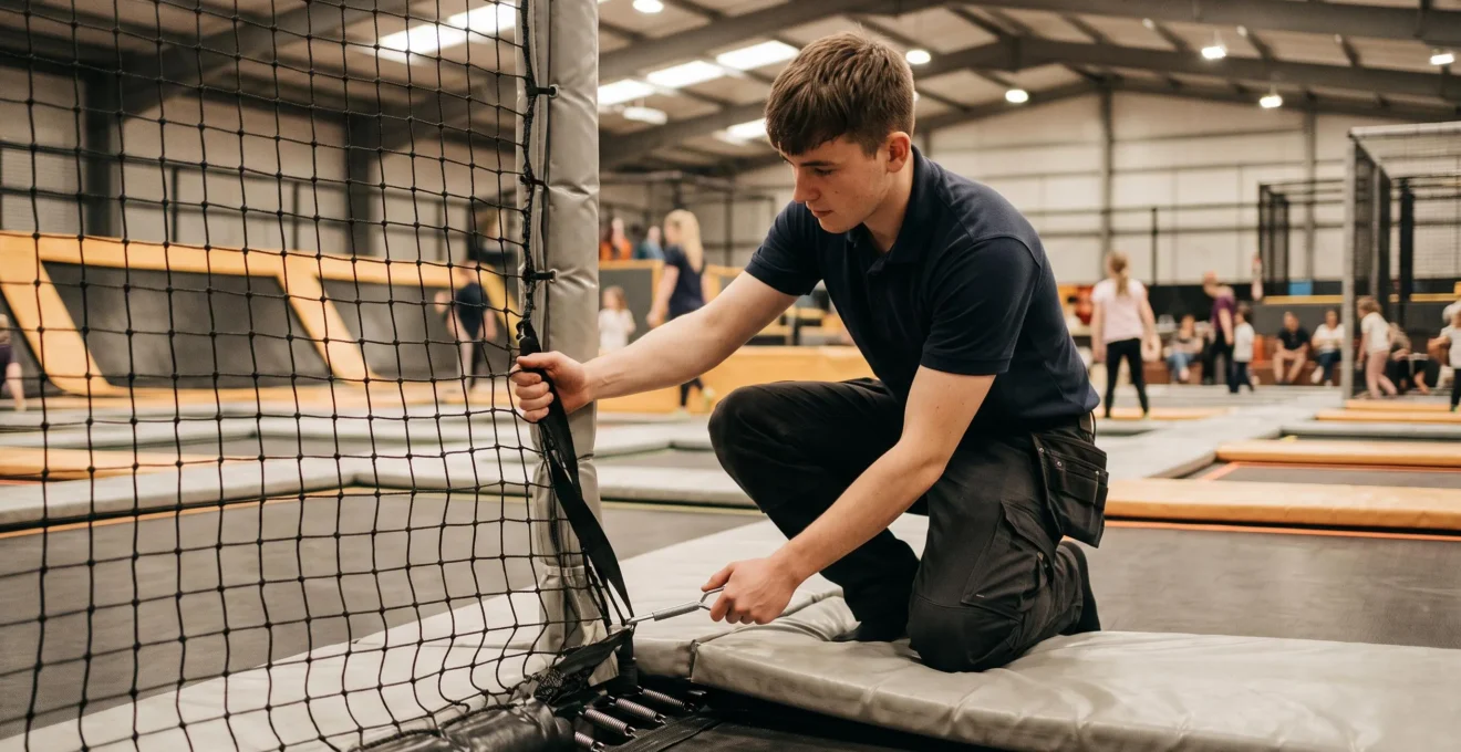 Un employé vérifie le filet de sécurité et le rembourrage autour d'un trampoline.