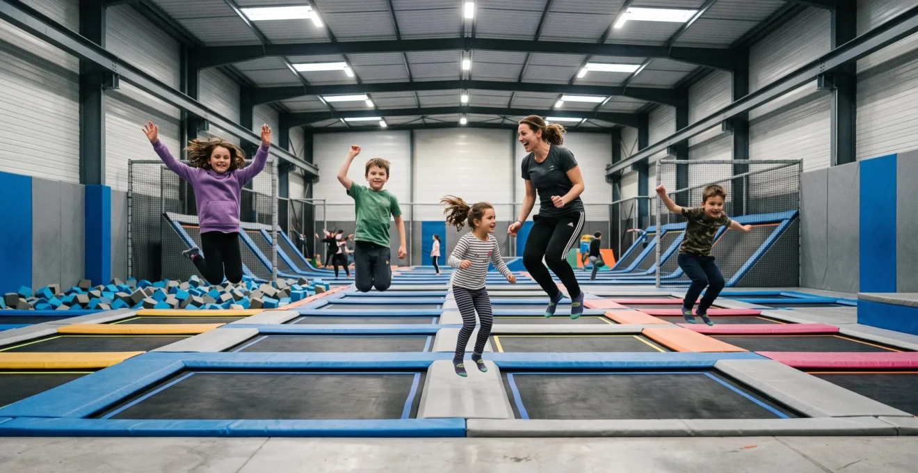 Des enfants sautent sur des trampolines dans un grand parc indoor sous la surveillance d'un adulte.