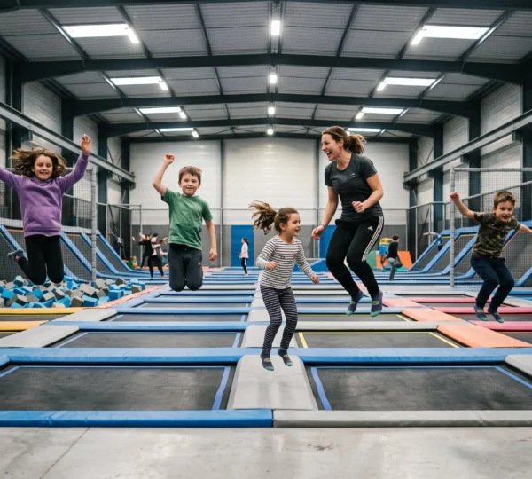 Des enfants sautent sur des trampolines dans un grand parc indoor sous la surveillance d'un adulte.